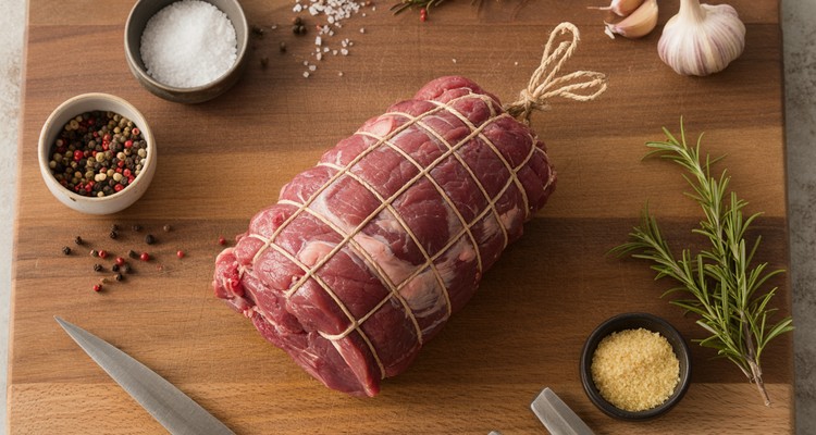 Beef tenderloin tied with butcher twine before seasoning