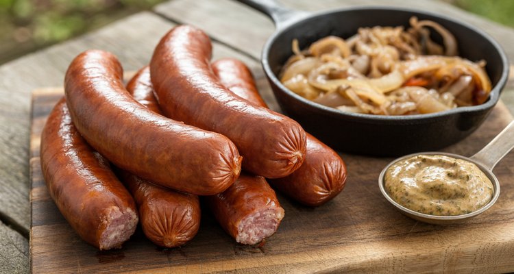 Smoked brats on a rustic wooden cutting board with beer onions and stone-ground mustard