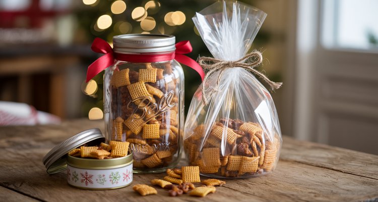 Smoked Chex Mix packaged in mason jars and cellophane bags for holiday gifting