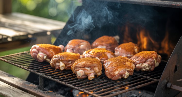 Chicken thighs on smoker grates with smoke rising and a digital thermometer probe inserted