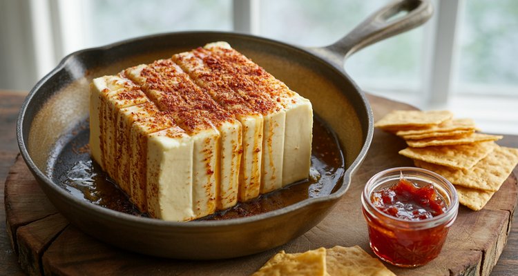 Smoked cream cheese block with BBQ rub crust in a cast-iron skillet, surrounded by crackers and red pepper jelly on a wooden board