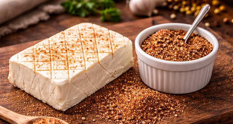 Block of cream cheese with crosshatch scoring beside a ramekin of BBQ dry rub spices on a wooden cutting board