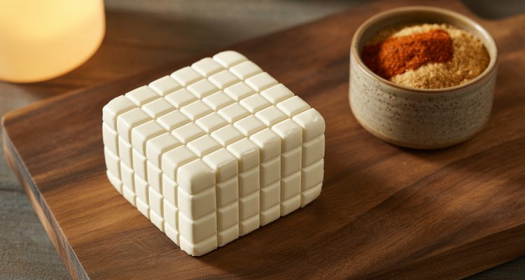 Block of cream cheese with crosshatch scoring beside a ramekin of BBQ dry rub spices on a wooden cutting board
