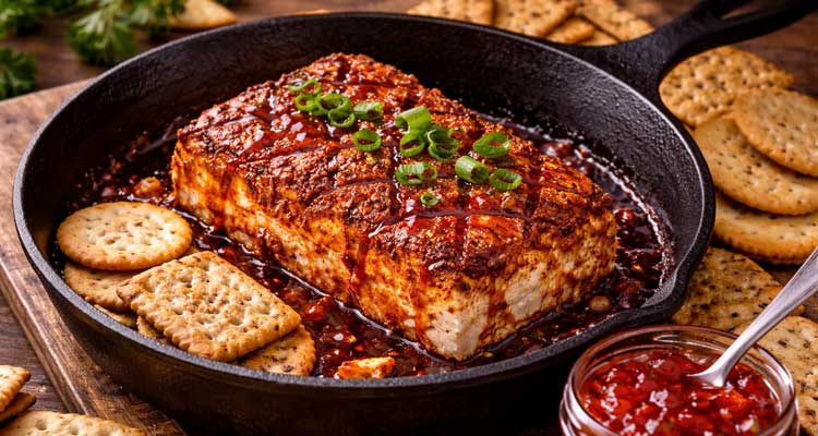 Smoked cream cheese block with BBQ rub crust in a cast-iron skillet, surrounded by crackers and red pepper jelly on a wooden board