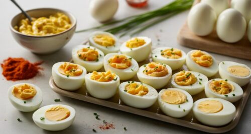Deviled egg halves and yolk filling before finishing