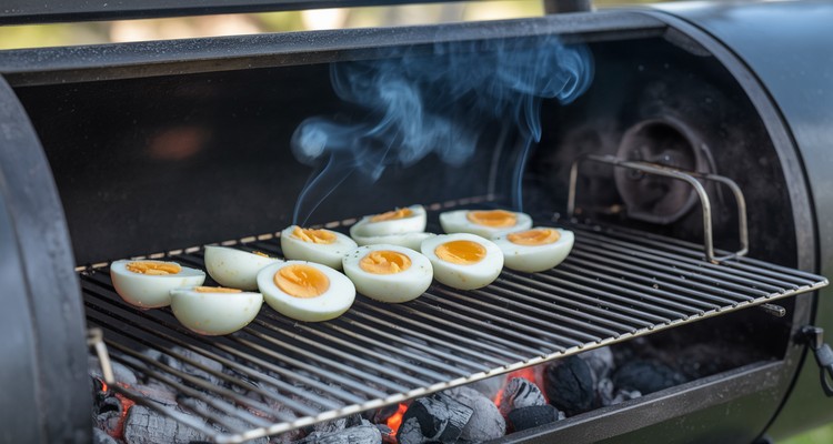Hard-boiled egg halves smoking on grill grates