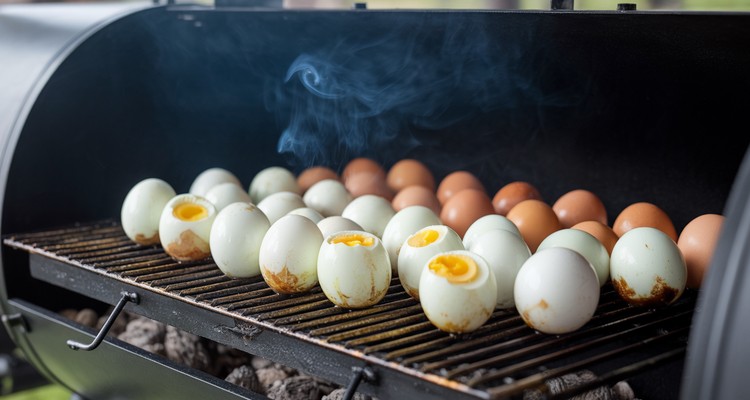 Peeled hard-boiled eggs smoking on grill grates
