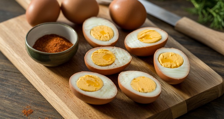 Sliced smoked eggs showing golden edges and yellow yolks