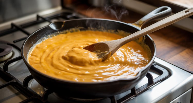 Rich golden cheese sauce being stirred in a cast iron skillet with a wooden spoon