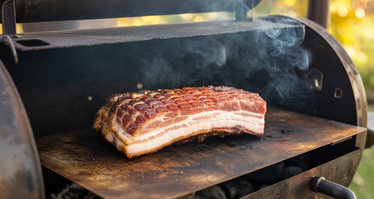Pork belly on smoker grates, fat side up, with cross-hatch scored fat cap and smoke rising Whole pork belly slab on smoker grill grates fat side up with smoke rising and cross-hatch scored fat cap