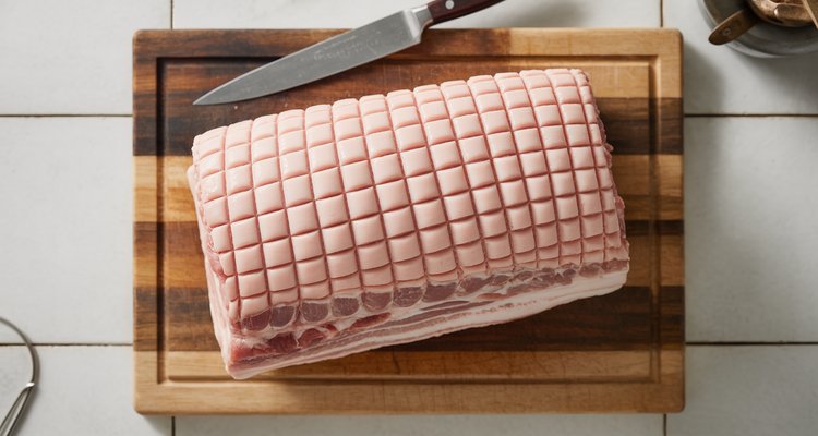 Raw pork belly fat cap scored in a crosshatch pattern on a cutting board before smoking