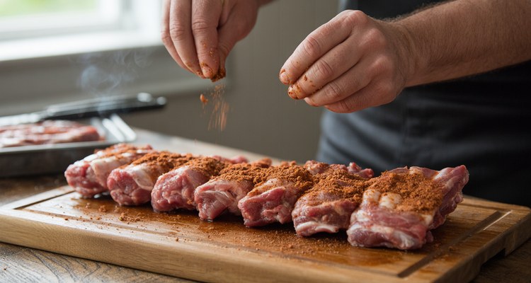 Raw pork rib tips being seasoned with dry rub on a wooden cutting board