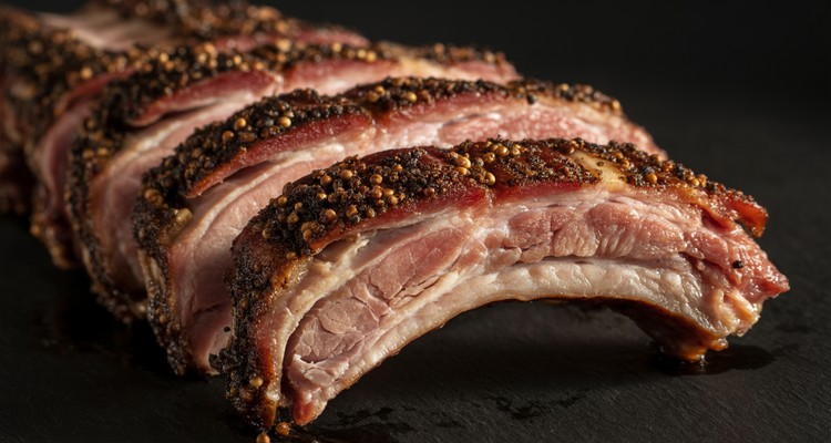 Close-up of sliced smoked spare ribs showing thick dark peppery bark and a distinct pink smoke ring just beneath the surface
