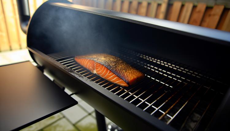Salmon fillet smoking on a pellet grill with thin smoke
