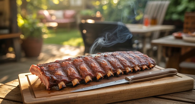 Full rack of smoked pork spare ribs with deep mahogany bark resting on a wooden cutting board with a carving knife, smoke rising in a backyard BBQ setting