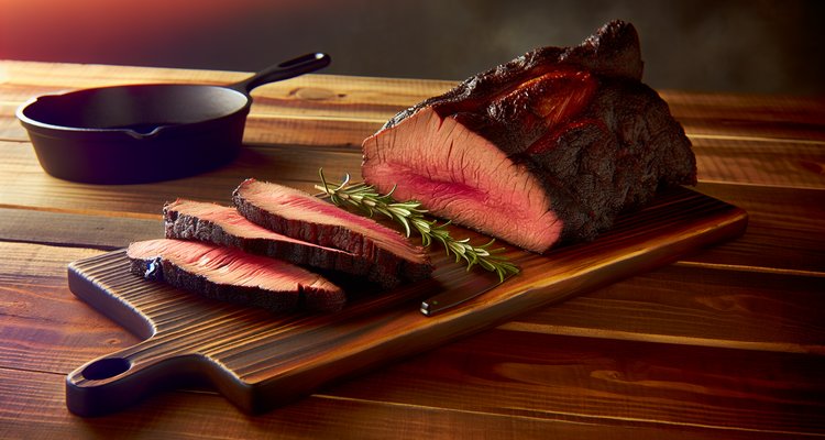 Sliced smoked tri tip on cutting board showing deep bark and pink smoke ring