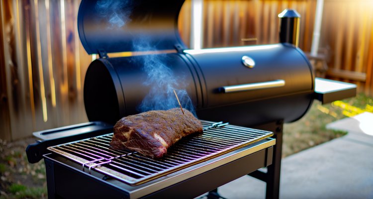 Seasoned tri tip roast on smoker grates with thin blue smoke rising