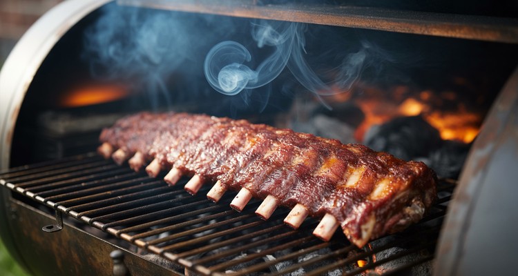 Seasoned pork spare ribs on the grates inside a smoker with smoke rising around the meat and glowing coals visible in the background