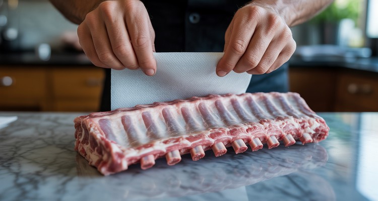 Hands using a paper towel to pull the silver membrane off the back of a raw pork spare rib rack on a marble prep surface