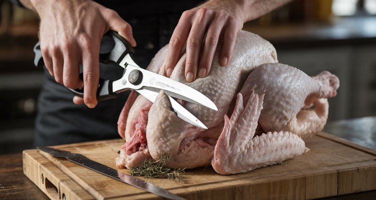 Hands using kitchen shears to cut along the backbone of a raw turkey on a wooden cutting board showing the spatchcocking technique