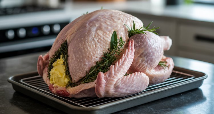 Fully spatchcocked raw turkey breast-side up on a wire rack over a rimmed baking sheet seasoned with herb butter ready to cook