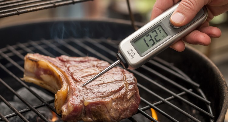 Digital instant-read thermometer showing 132°F inserted into a medium-rare ribeye on a grill grate