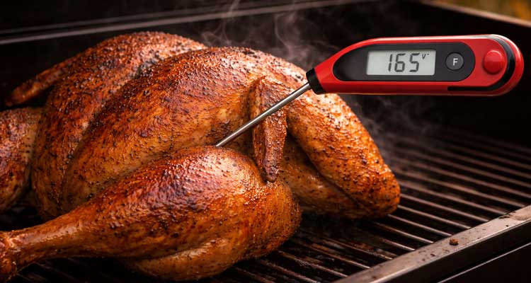 Close-up of a digital instant-read probe thermometer inserted into the thigh of a whole turkey on a pellet grill grate