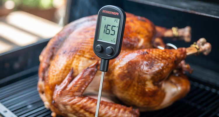 Turkey probe thermometer reading 165°F Digital probe thermometer showing 165°F inserted into smoked turkey thigh on pellet grill