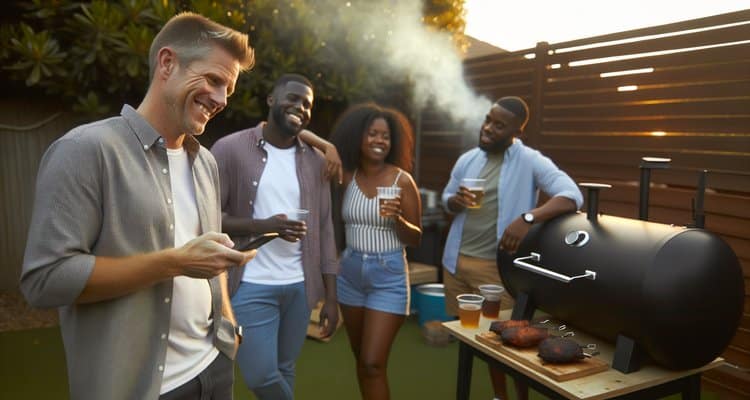 Person checking wireless meat thermometer app on smartphone at backyard party while smoker cooks in background