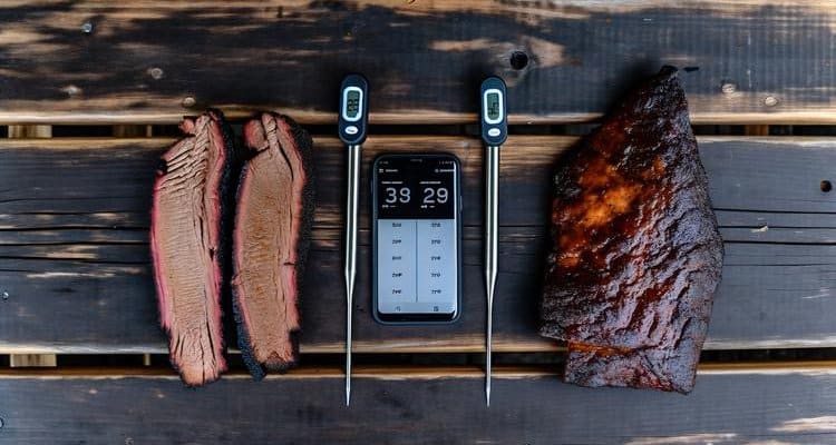 Multiple wireless meat thermometer probes in different cuts of meat on grill with smartphone showing temperature readings