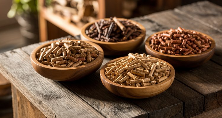 Wood pellet varieties for smoking turkey Four varieties of wood pellets for smoking turkey — apple, cherry, pecan, and hickory in rustic wooden bowls