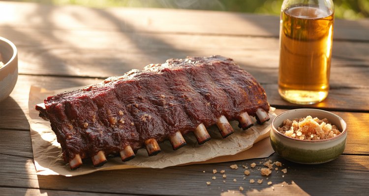 Rack of smoked ribs on butcher paper with brown sugar and apple juice ready for the Texas crutch foil wrap