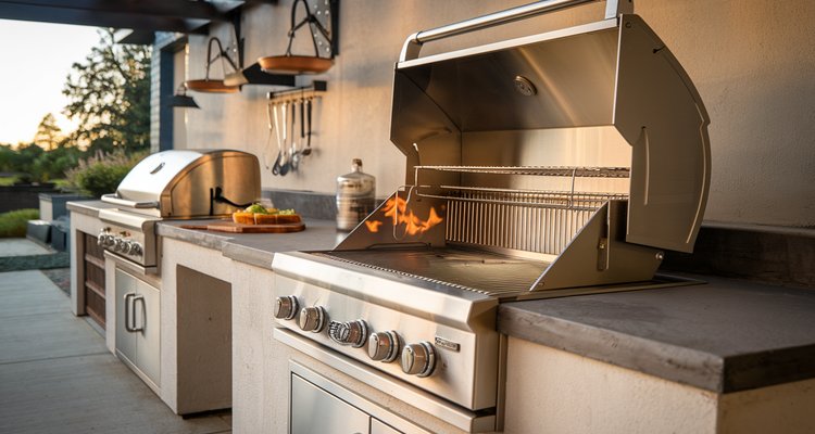 Premium stainless steel built-in gas grill in an outdoor kitchen