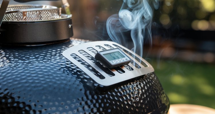 Plain charcoal grill top vent partially open with thin blue smoke escaping