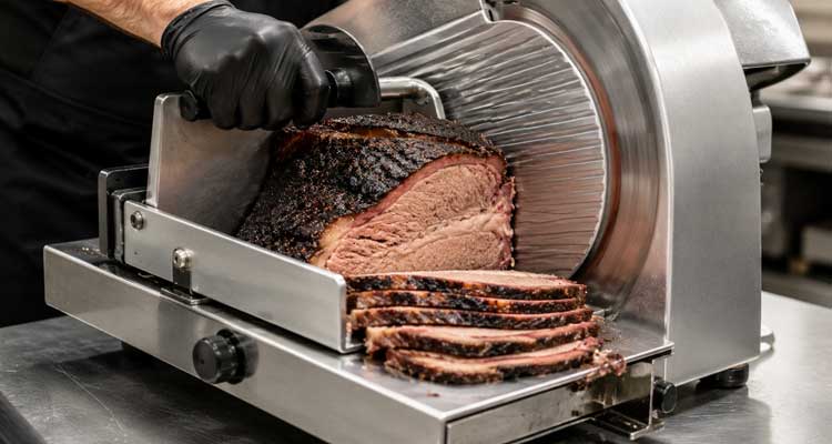 A commercial meat slicer slicing smoked brisket on a stainless steel counter