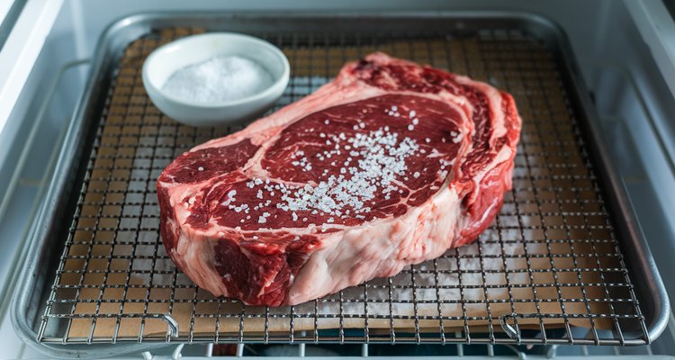 Dry-brined steak resting uncovered on a wire rack