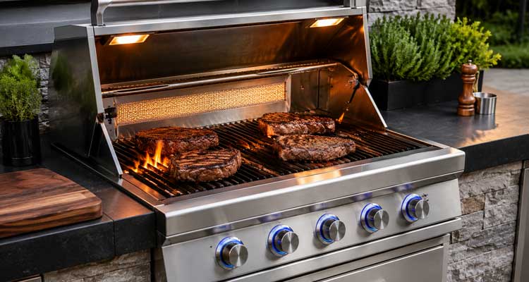 Fire Magic brand built-in stainless steel gas grill searing steaks in an outdoor kitchen