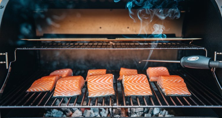 Fish Fillets Smoking on Grill Grates Fish fillets smoking on grill grates with thin blue smoke