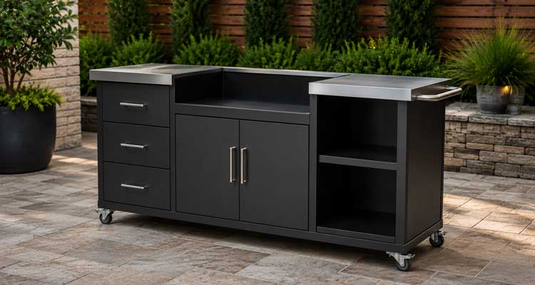 Unbranded premium outdoor grill cart on a backyard patio
