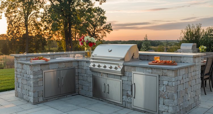 Completed outdoor kitchen with built-in grill, stone counters, and patio dining area at golden hour