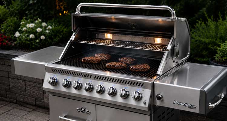 Steaks searing on a Napoleon Prestige Pro 500 RSIB stainless steel gas grill