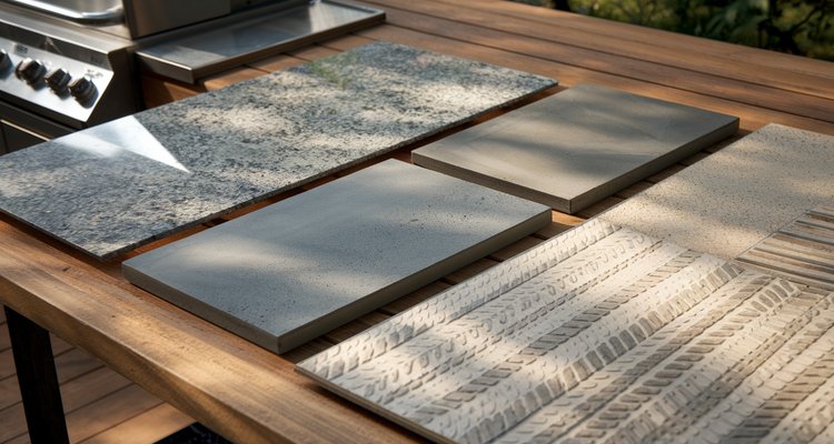 Outdoor kitchen countertop material samples including granite, concrete, and porcelain tile near a grill