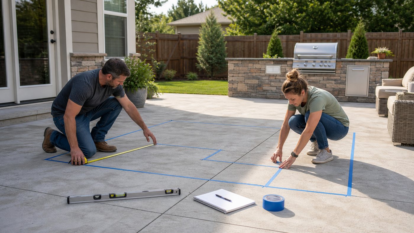 Homeowners marking the footprint for an outdoor kitchen on a backyard patio