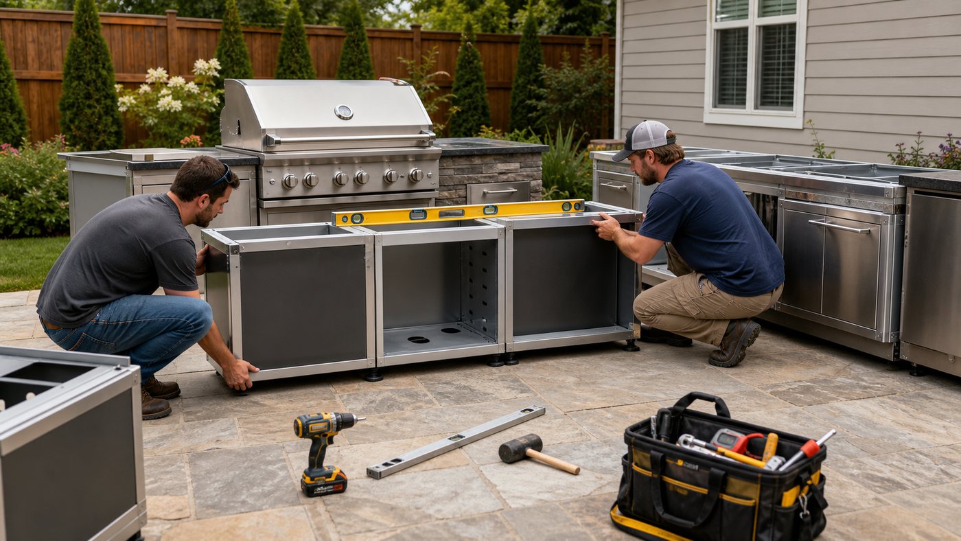Two people leveling and assembling modular outdoor kitchen cabinet sections on a patio