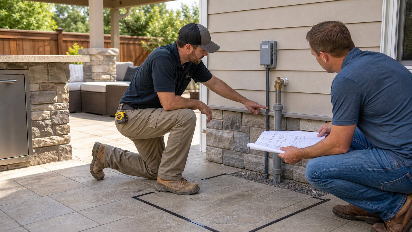 Contractor reviewing outdoor kitchen gas and electrical rough-in connections before assembly