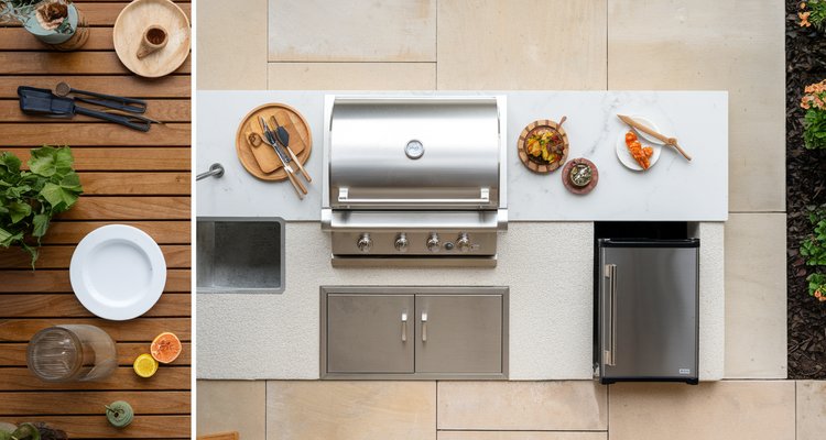 Outdoor kitchen work triangle layout showing grill, sink, refrigerator, and prep zones on a patio