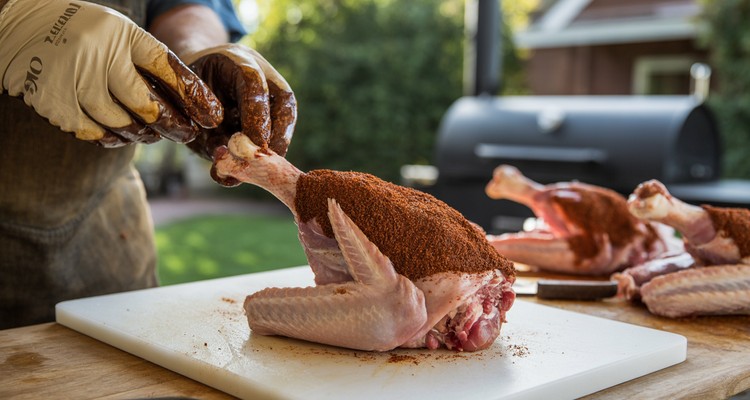 Raw turkey legs submerged in liquid brine with black peppercorns and bay leaves in a clear container