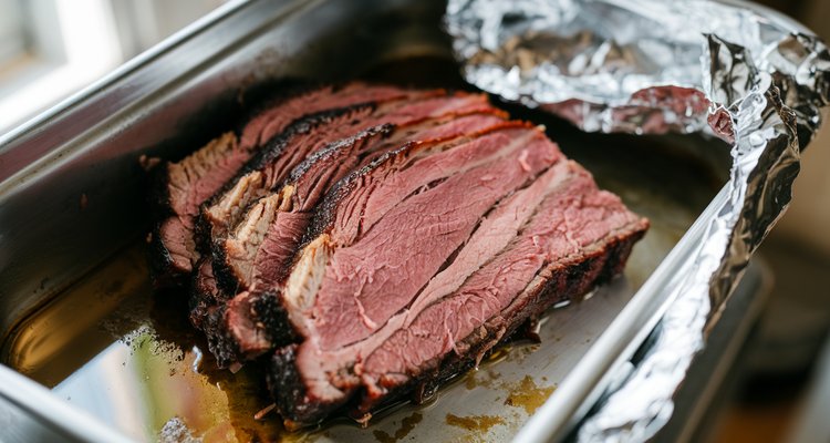 Sliced brisket in a baking dish with beef broth before oven reheating