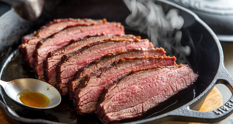 Brisket slices reheating gently in a skillet with broth