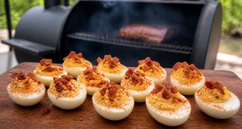 Smoked deviled eggs with paprika and bacon on a wooden board